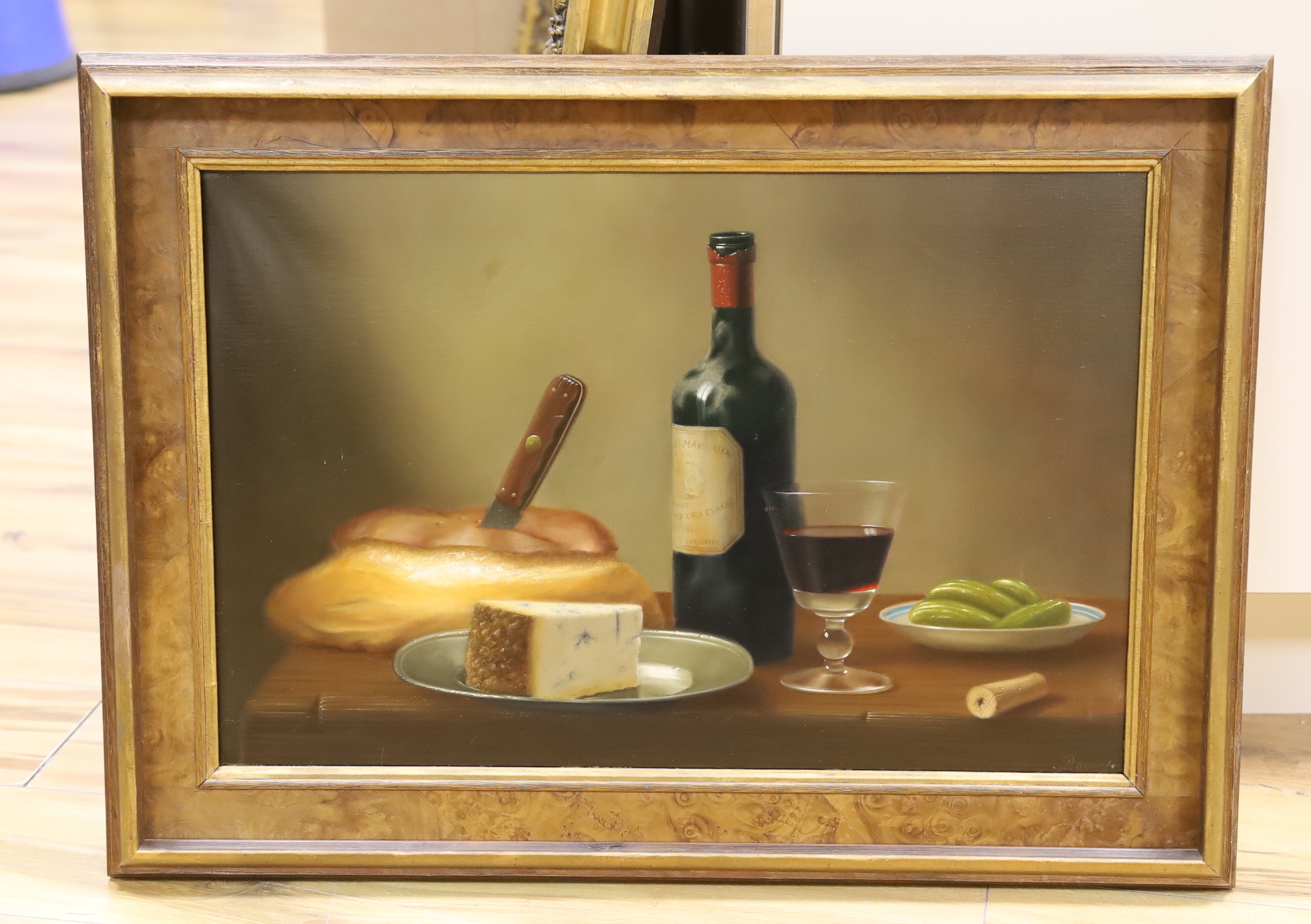 Brian Davies (1942-2004), oil on canvas, Still life of red wine and cheese, signed, 39 x 60cm